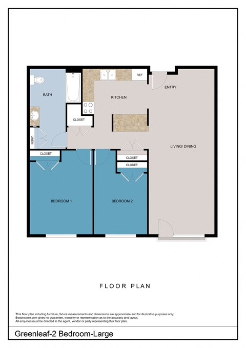 Floor plan for 2 beds, 1 bath, 948 sqft